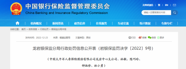 中國太平洋人壽保險龍巖中心支公司因代理銷售違規被罰37.33萬元